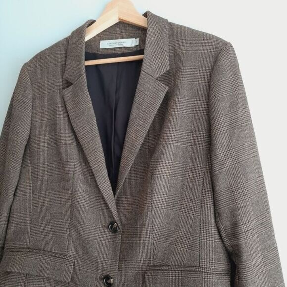 CONTEMPORAINE Simons Glen Check Plaid Blazer Jacket Tan Brown Sz 12 - Picture 4 of 14
